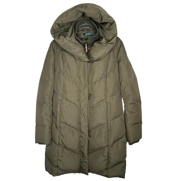 2010s Lauren Ralph Lauren Down Puffer Coat Shawl Collar Hood Olive Green Medium - Picture 2 of 14